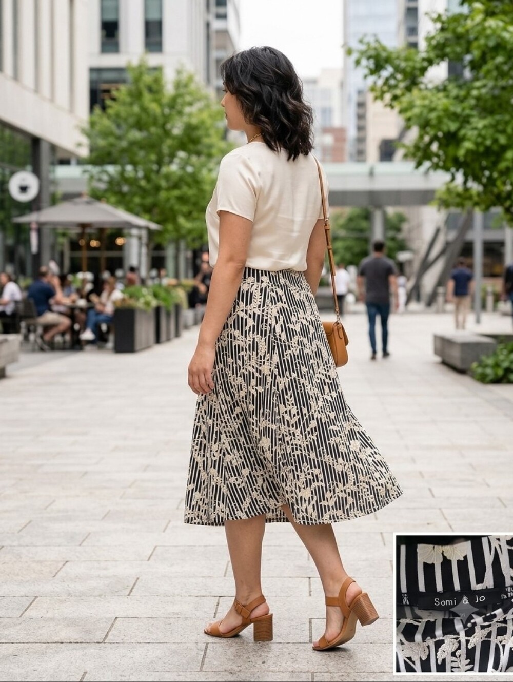 Sami & Jo Sami & Jo Black & White Floral Striped Midi A-Line Skirt XL